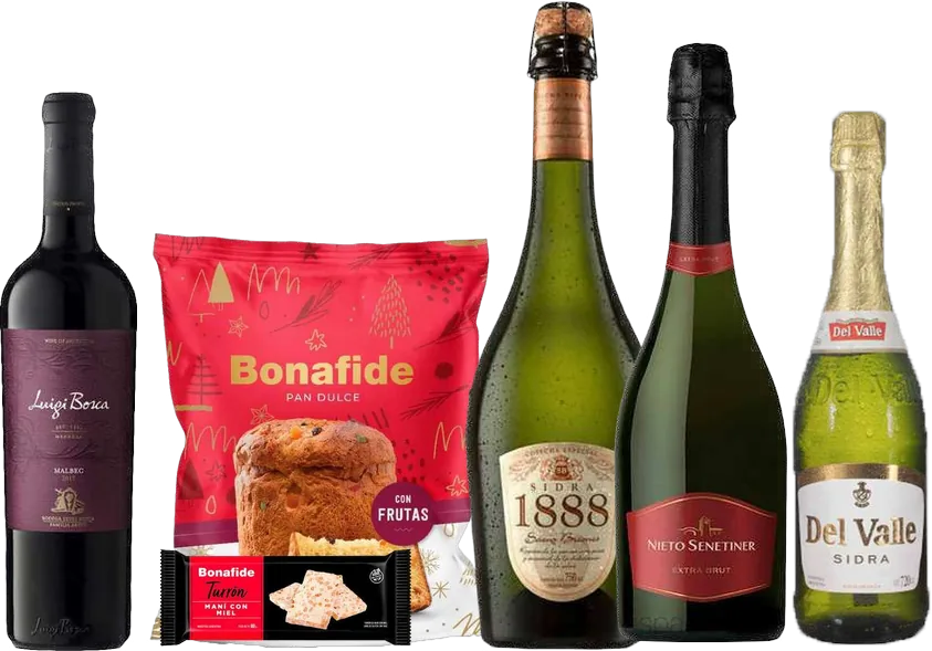 Vino Luigi Bosca Malbec, sidras 1888 y Del Valle, champagne Nieto Senetiner y pan dulce Bonafide de nuestras cajas navideñas